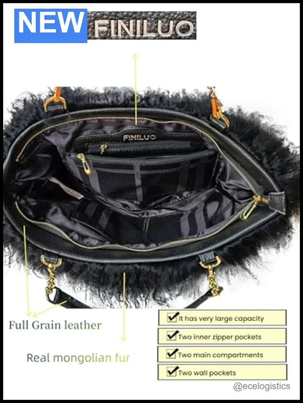 Genuine Mongolian Curly Lamb Fur Tote Bag with Leather Handles and Golden